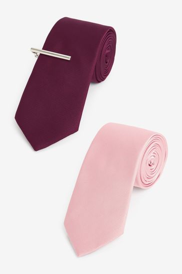 Burgundy Red Twill Ties With Tie Clip 2 Pack