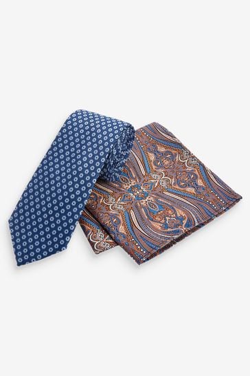 Blue Geometric/Paisley Slim Tie And Pocket Square Set