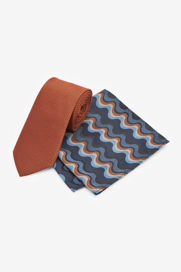 Rust Orange/Blue Geometric Slim Tie And Pocket Square Set