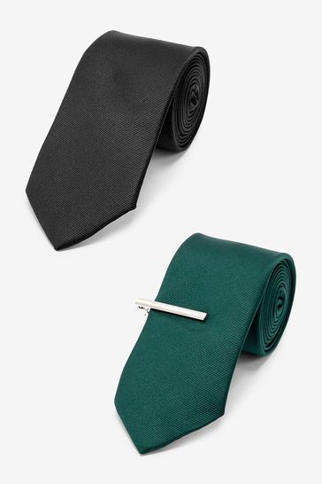 Black/Forest Green Twill Ties With Tie Clip 2 Pack