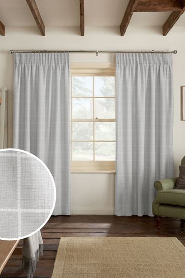 Light Grey Windowpane Check Pencil Pleat Lined Curtains