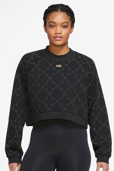 Nike Black Cropped Printed Fleece Crew Sweatshirt
