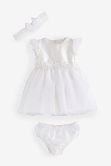 Ecru White Baby Occasion Dress, Knickers and Headband Set (0mths-2yrs)