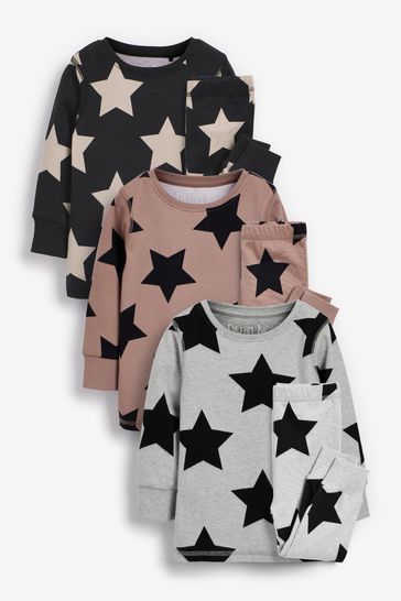 Tan Brown/Grey Star 3 Pack Snuggle Pyjamas (9mths-12yrs)