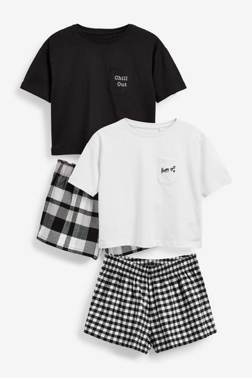 Black/White Check 2 Pack Woven Bottom Short Pyjamas (3-16yrs)