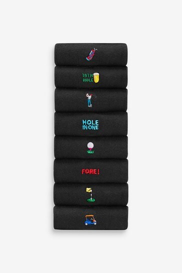 Black Golf 8 Pack Embroidered Socks
