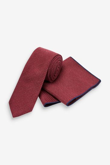 Brushed Burgundy Red Slim Tie And Pocket Square Set