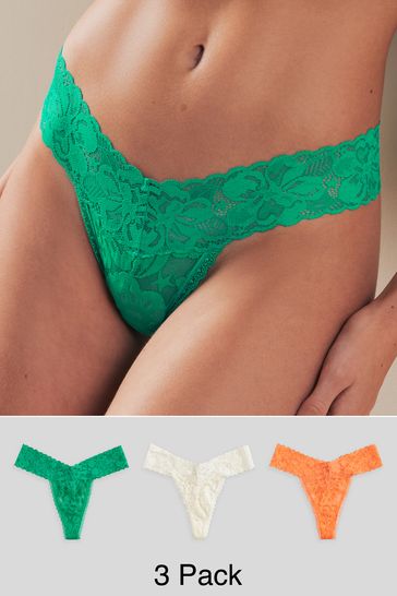 Green/Orange/Cream Thong Floral Lace Knickers 3 Pack
