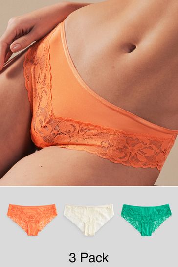 Green/Orange/Cream Brazilian Floral Lace Knickers 3 Pack