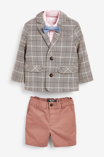 Neutral Check Blazer, Shirt, Short & Bow Tie Set (3mths-9yrs)