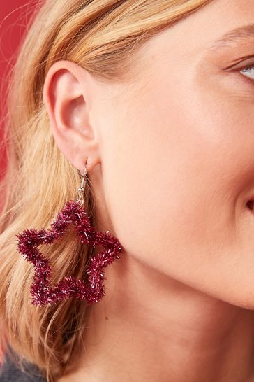 Pink Christmas Tinsel Star Earrings