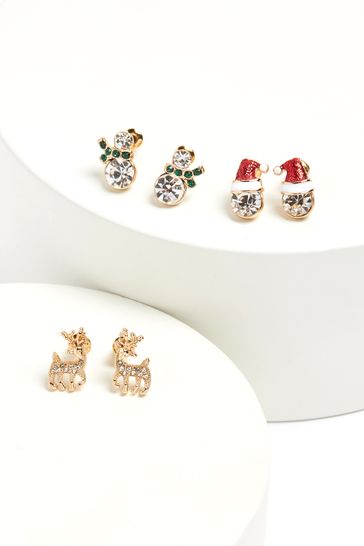 Gold Tone Santa And Rudolph Christmas Earrings 3 Pack