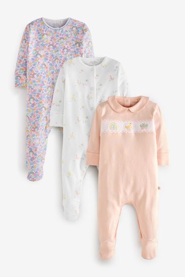 Pink Smart Character Baby Embroidered Detail Sleepsuits 3 Pack (0-2yrs)