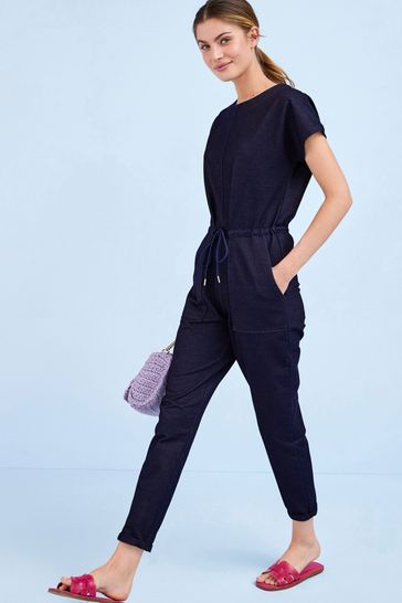 Buy Rinse Blue Tie Waist Short Sleeve Jersey Denim Jumpsuit from