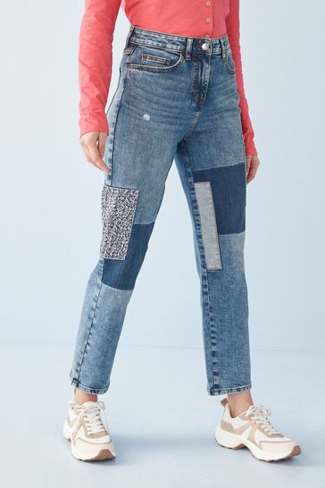 Blue Patch Front Mom Jeans