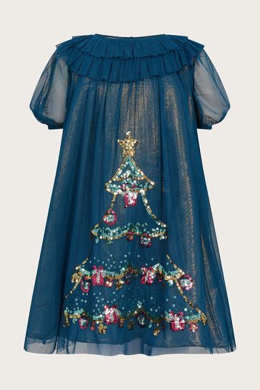 Monsoon Blue Christmas Tree Trapeze Dress With Recycled Polyester