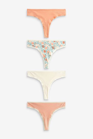 Check/Peach/White Thong Cotton Blend Knickers 4 Pack