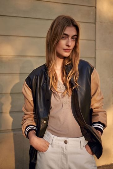 Buy Black Tan Brown Faux Leather Varsity Bomber Jacket from Next Luxembourg