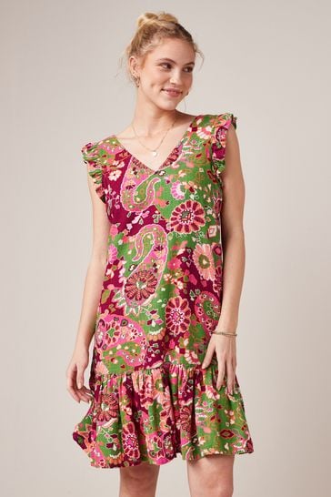 Pink/Green Print Linen Mix Tie Back Mini Dress
