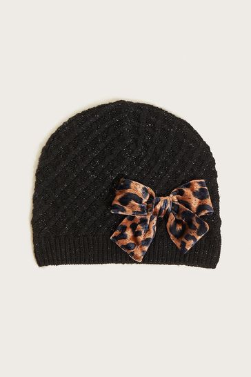 Monsoon Black Velvet Leopard Bow Beanie Hat with Recycled Polyester
