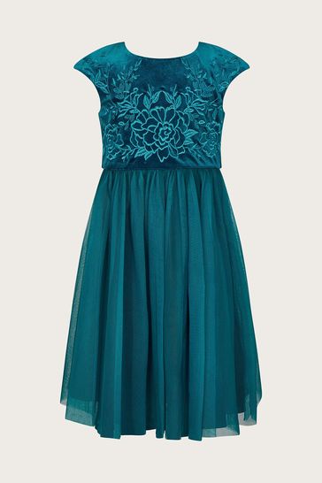 Monsoon Blue Odette Velvet Embroidered Dress