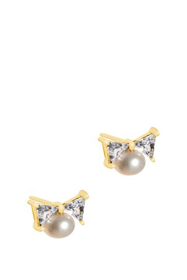 Pure Luxuries London Bijou Gold Plated Silver And Freshwater Pearl Bow Earrings