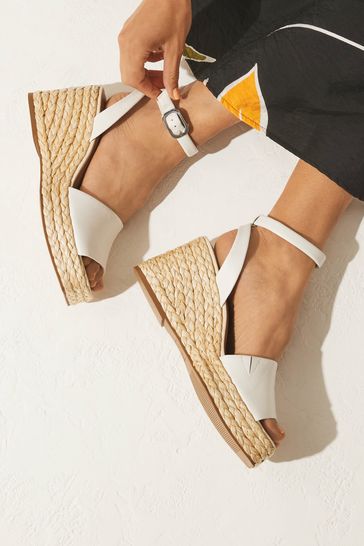 White Forever Comfort® Leather Raffia High Wedges