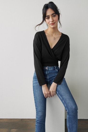Black Wrap Cardigan In Fine Soft Touch Cotton Blend Knit