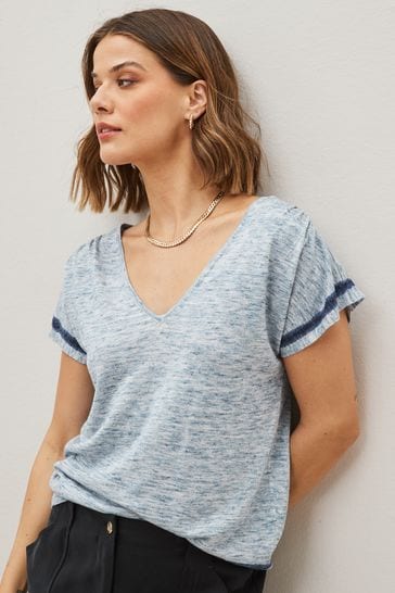 Light Blue V-Neck Linen T-Shirt