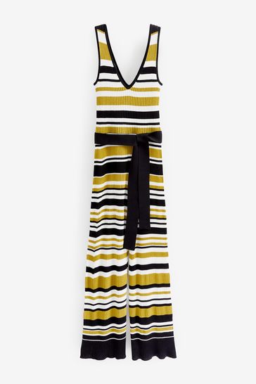 Buy Mustard Yellow Black White Stripe Rib Knit Tie Waist Wide