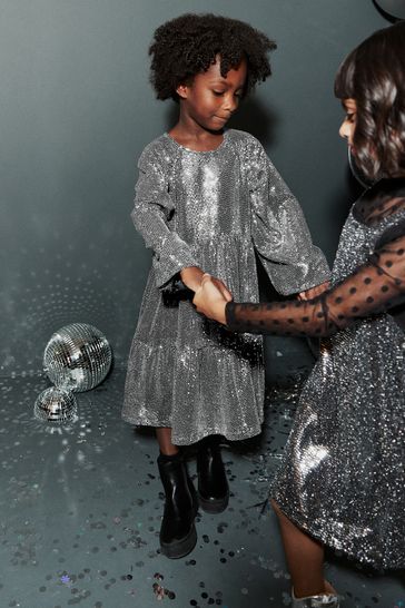 Silver metallic long sleeve dress discount