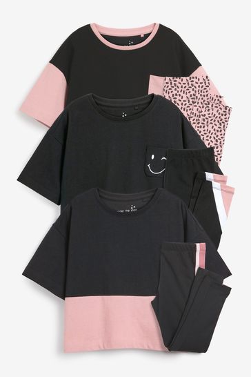 Pink/Black Colourblock 3 Pack Legging Pyjamas (3-16yrs)