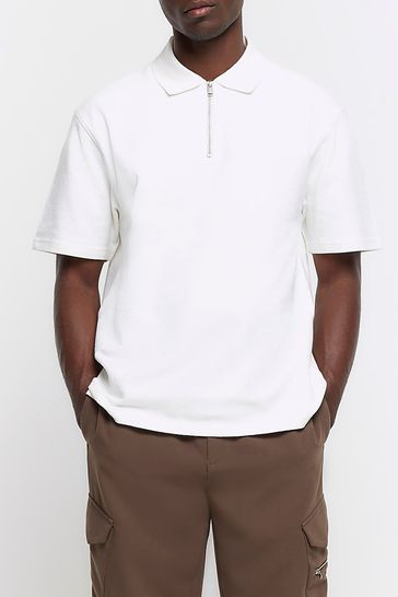 River Island White Texture Zip Neck Polo Shirt