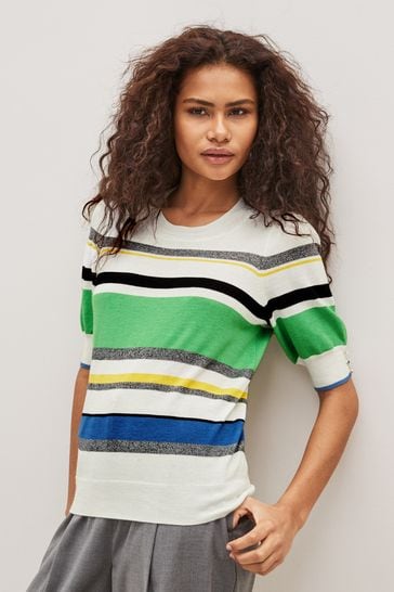 White/Bright Green Stripe Gem Embroidery Detail Short Sleeve Knit Top