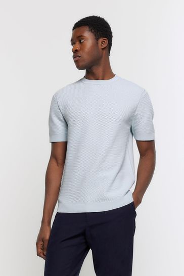 River Island Blue Textured Knitted T-Shirt