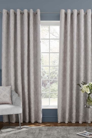 Catherine Lansfield Grey Damask Metallic Pinsonic Foil Printed Lined Eyelet Curtains