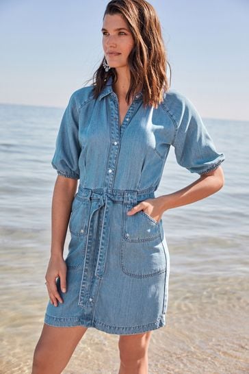 Buy Mid Blue Utility Detail TENCEL Tie Waist Dress from Next Ireland