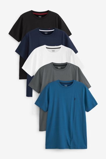 Navy Blue/Black/White/Grey Marl/Teal Blue 5 Pack Slim Fit Stag T-Shirts
