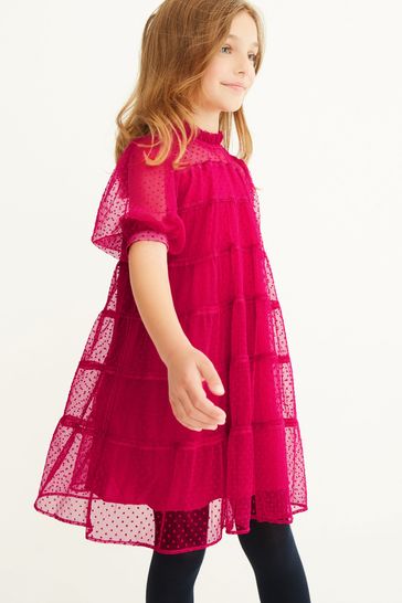 Fuchsia Pink Tiered Mesh Dress (3-16yrs)