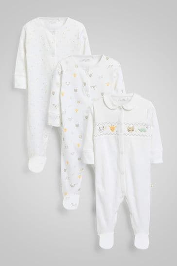 White Smart Safari Baby Sleepsuits 3 Pack (0-2yrs)