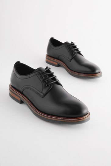 Black Leather Contrast Sole Chunky Derby Shoes