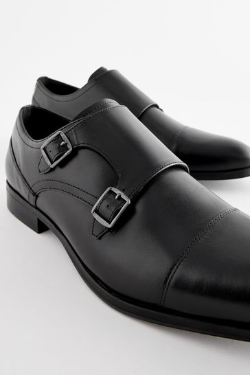 Black Leather Double Monk Shoes