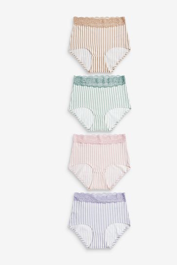 Stripe Full Brief Lace Trim Cotton Blend Knickers 4 Pack