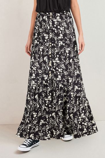 Black Floral Print Jersey Maxi Skirt