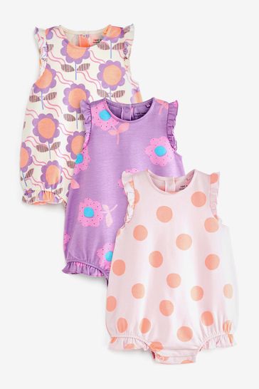 Purple Retro Flowers Baby 3 Pack Rompers (0mths-3yrs)