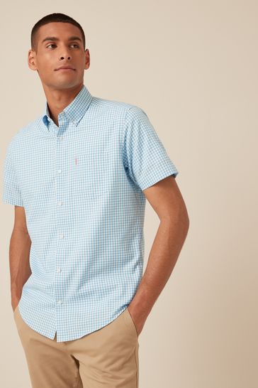 Bright Blue Gingham Regular Fit Short Sleeve Easy Iron Button Down Oxford Shirt