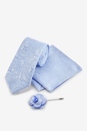 Blue Paisley Wide Tie With Pocket Square And Lapel Pin Set
