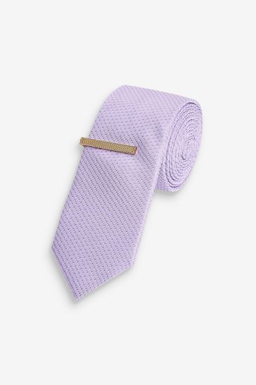 Lilac Purple Slim Textured Tie With Tie Clip