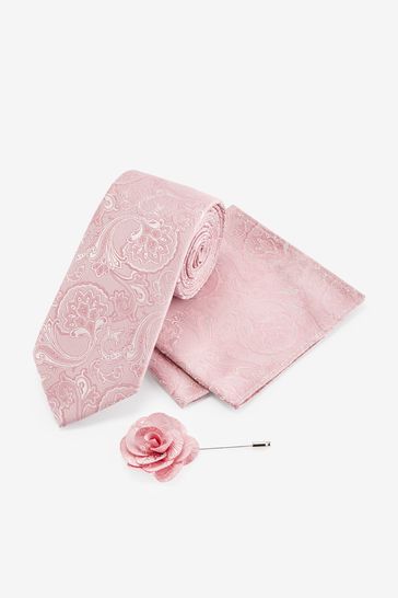 Pink Paisley Wide Tie With Pocket Square And Lapel Pin Set