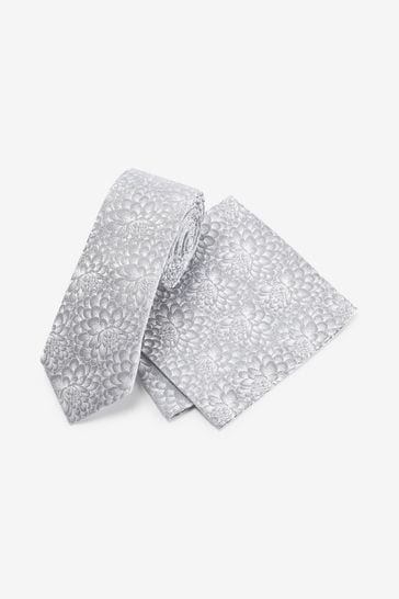 Silver Floral Silk Tie And Pocket Square